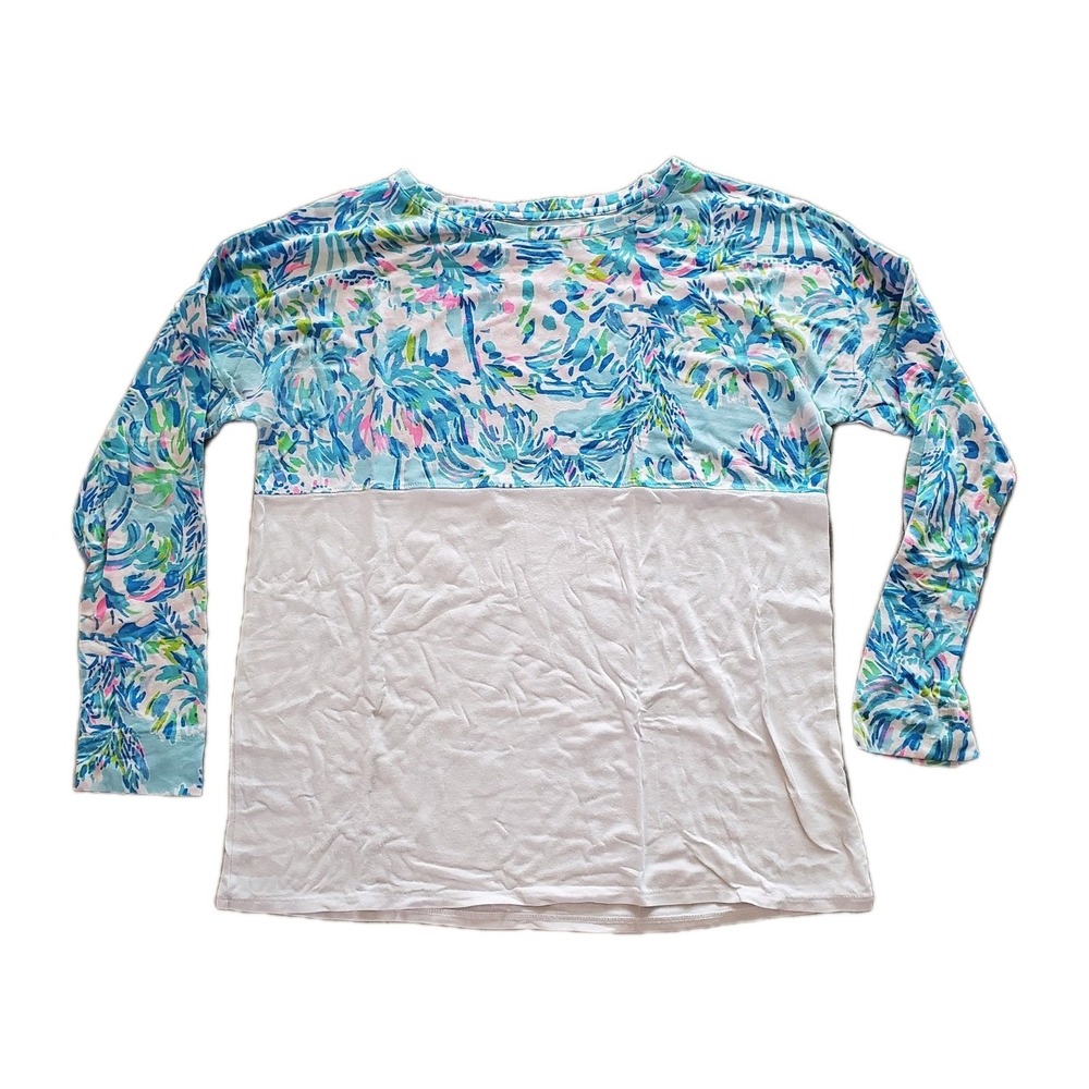 Lilly Pulitzer Finn Top Colorblock Long Sleeve Tee White Blue Floral Medium